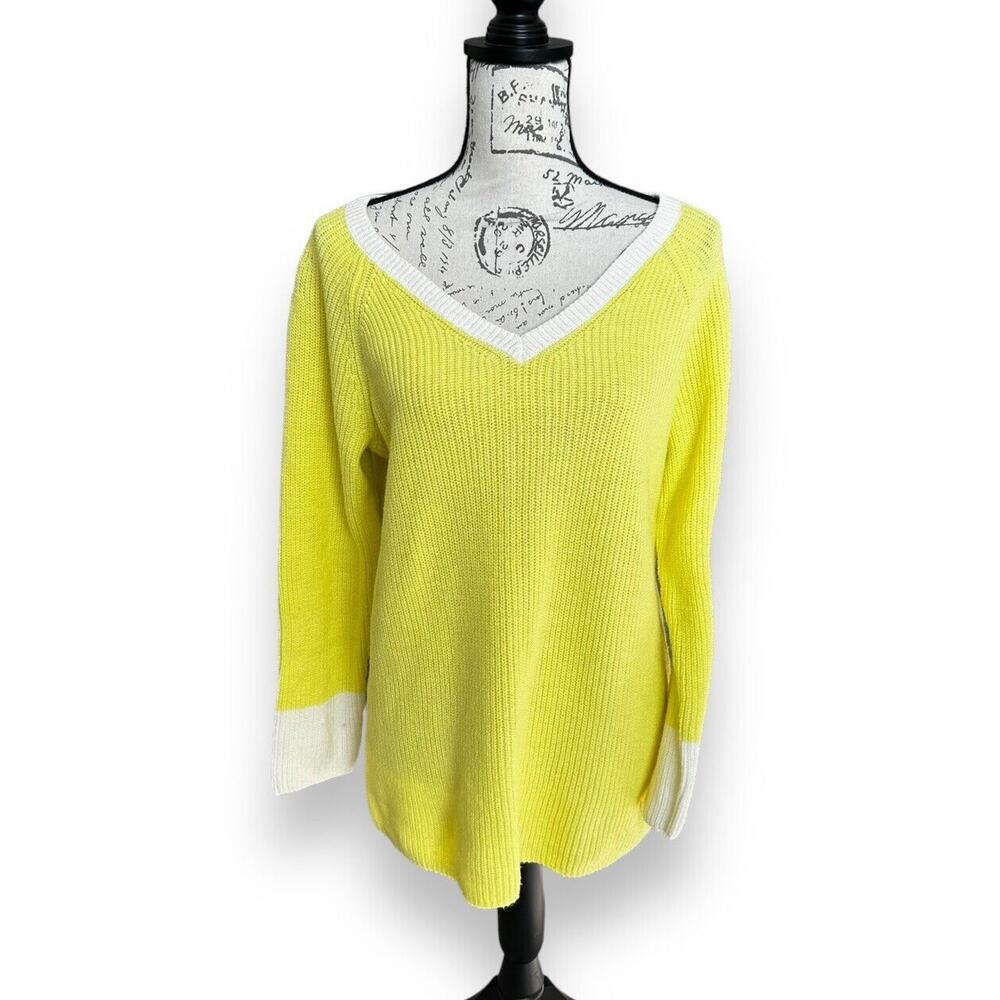 New Talbots Women Plus Rib Knit Long Sleeve V-Neck Sweater Yellow White 0X